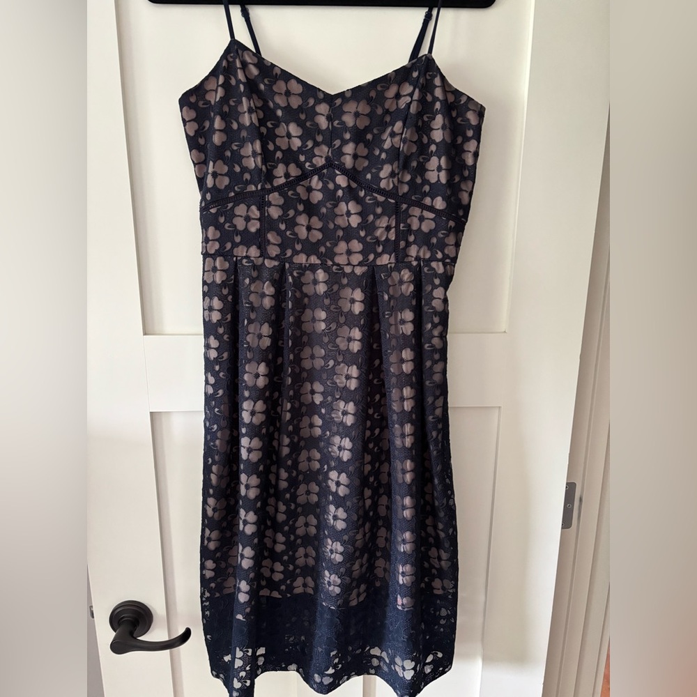 RW&CO. Dark Blue and Light Brown Patterned Midi Dress